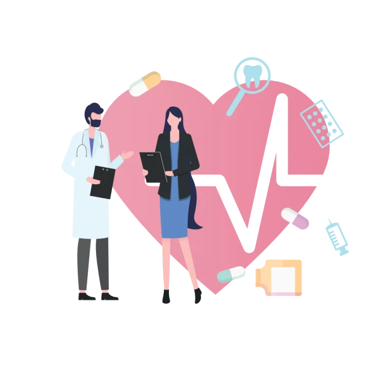 Ilustração de um médico e uma profissional junto a um coração com linha de batimento