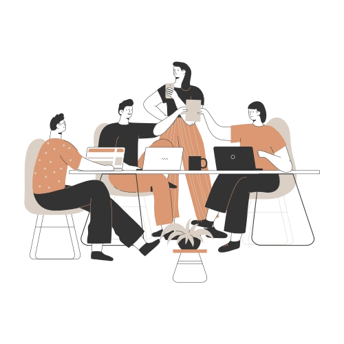 Ilustração de uma equipa a trabalhar em conjunto à volta de uma mesa